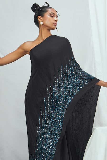 Nirmooha Black Crepe Sequins Asymmetric Hand Embroidered Kaftan Online at Aza Fashions Nirmooha_Black Crepe Sequins Asymmetric Hand Embroidered Kaftan _Online_at_Aza_Fashions