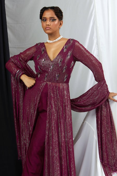 Nirmooha_Purple Lurex, Nylon Embroidery, Sequins V-neck Hand Front Slit Anarkali Set _Online_at_Aza_Fashions