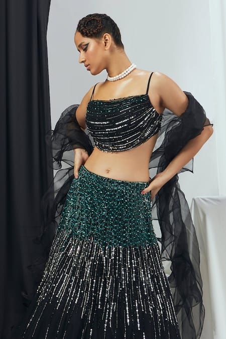 Nirmooha_Black Organza, Net Sequins Square Neck Hand Embroidered Lehenga Set _Online_at_Aza_Fashions