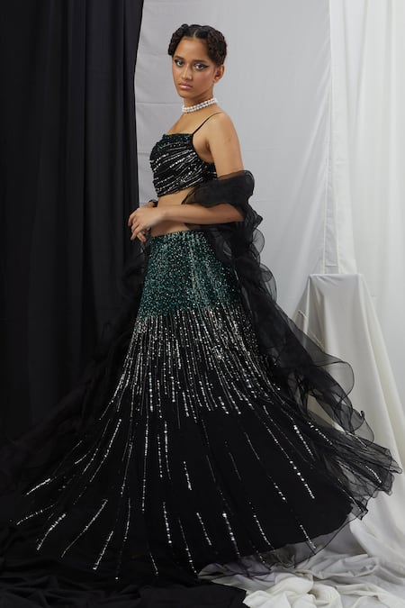 Buy_Nirmooha_Black Organza, Net Sequins Square Neck Hand Embroidered Lehenga Set _Online_at_Aza_Fashions