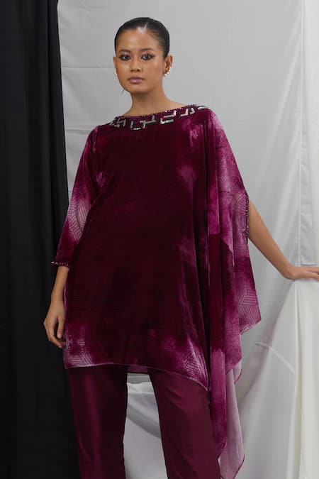 Nirmooha_Purple Velvet, Nylon Embroidery Round Neck Blotch Print Kaftan With Pant _Online_at_Aza_Fashions