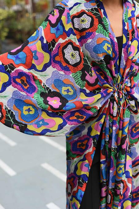 Forty Four_Multi Color Satin, Silk V-neck Abstract Print Cover-up Jacket_Online_at_Aza_Fashions