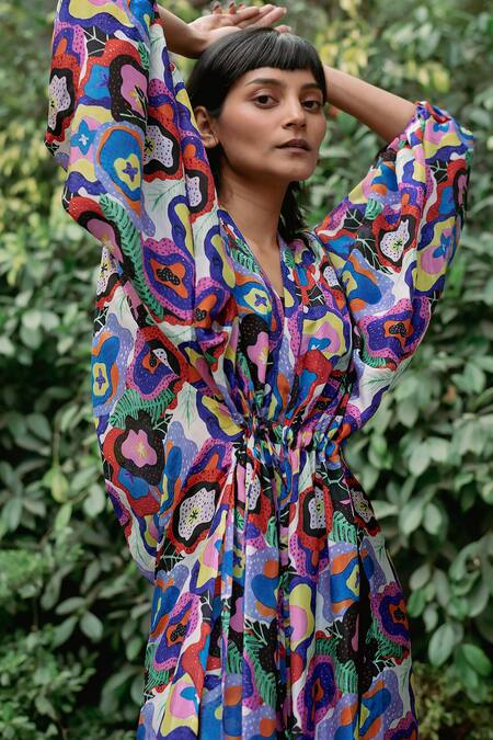 Buy_Forty Four_Multi Color Satin, Silk V-neck Abstract Print Cover-up Jacket_Online_at_Aza_Fashions