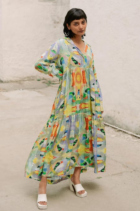 Forty Four Satin Silk Contrast Abstract Print Dress 