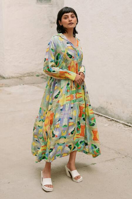 Forty Four_Multi Color Satin, Silk Collared Contrast Abstract Print Dress_Online_at_Aza_Fashions