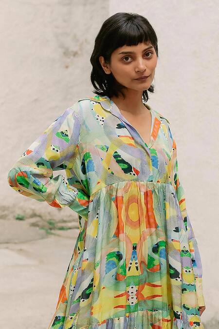 Buy_Forty Four_Multi Color Satin, Silk Collared Contrast Abstract Print Dress_Online_at_Aza_Fashions