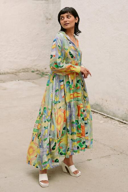 Shop_Forty Four_Multi Color Satin, Silk Collared Contrast Abstract Print Dress_Online_at_Aza_Fashions