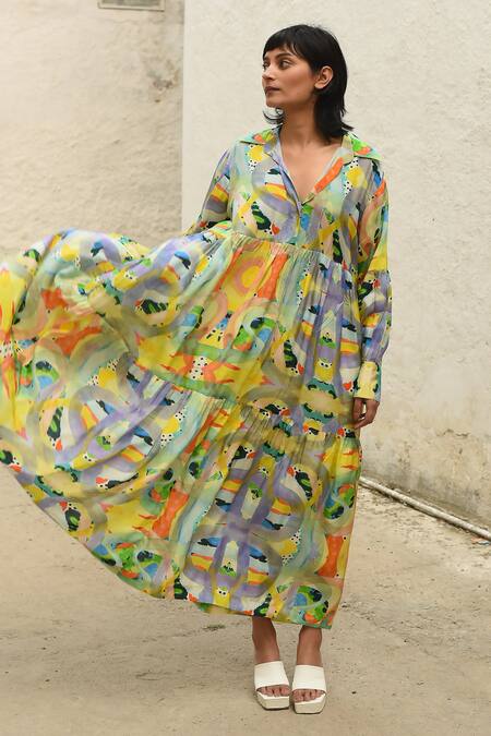 Forty Four_Multi Color Satin, Silk Collared Contrast Abstract Print Dress_at_Aza_Fashions