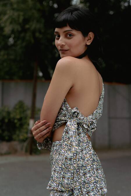 Buy_Forty Four_Multi Color Satin, Silk Embroidery One Shoulder Number Print Top With Pant_Online_at_Aza_Fashions