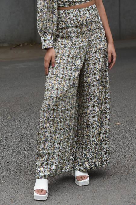 Shop_Forty Four_Multi Color Satin, Silk Embroidery One Shoulder Number Print Top With Pant_Online_at_Aza_Fashions