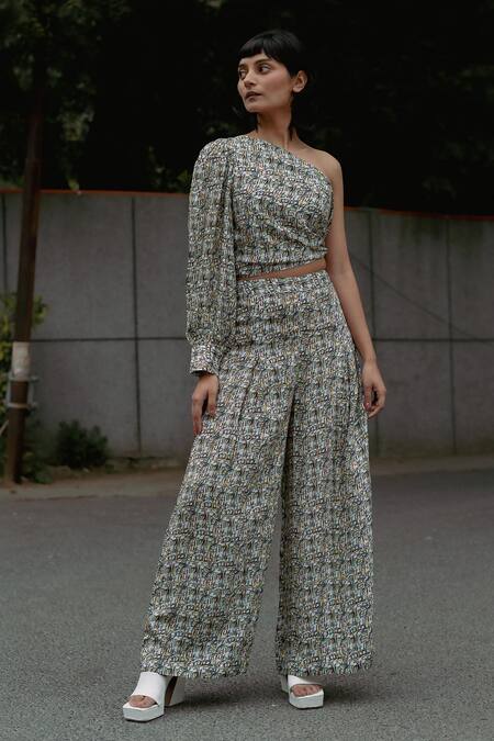 Forty Four_Multi Color Satin, Silk Embroidery One Shoulder Number Print Top With Pant_at_Aza_Fashions