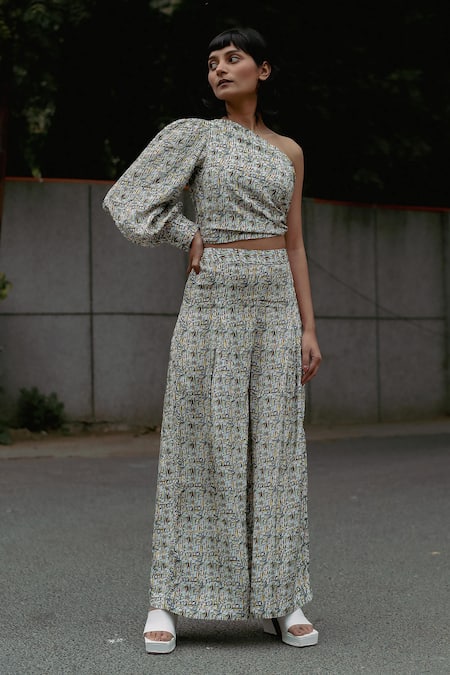 Buy_Forty Four_Multi Color Satin, Silk Embroidery One Shoulder Number Print Top With Pant