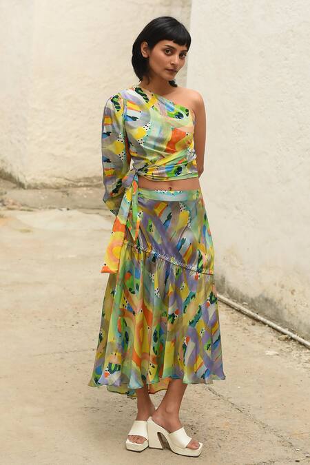 Shop_Forty Four_Multi Color Satin Asymmetric Abstract Print Top With Skirt_at_Aza_Fashions