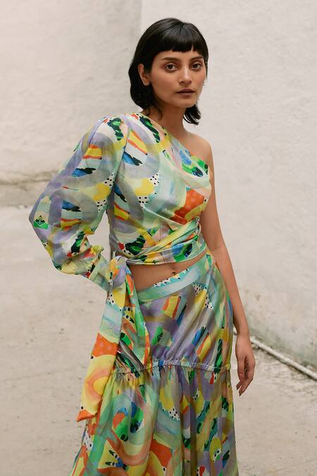 Buy_Forty Four_Multi Color Satin Asymmetric Abstract Print Top With Skirt_Online_at_Aza_Fashions