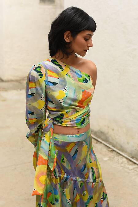 Shop_Forty Four_Multi Color Satin Asymmetric Abstract Print Top With Skirt_Online_at_Aza_Fashions