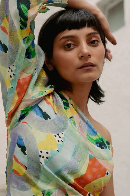 Buy_Forty Four_Multi Color Satin Asymmetric Abstract Print Top With Skirt