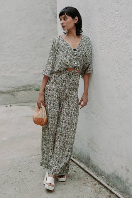 Forty Four_Multi Color Satin, Silk V-neck Number Print Top With Pant_Online_at_Aza_Fashions