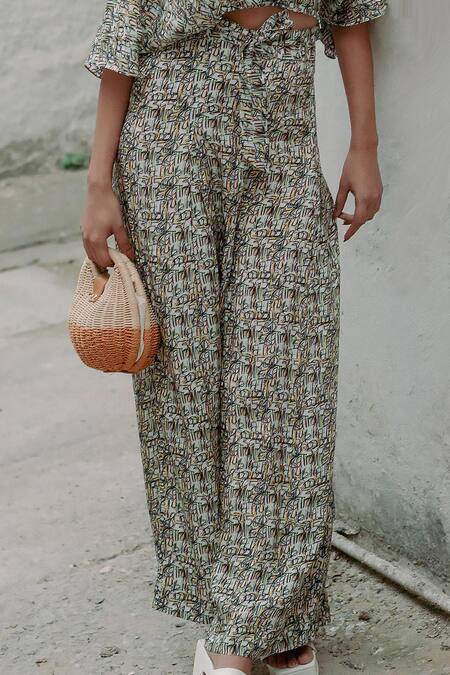 Buy_Forty Four_Multi Color Satin, Silk V-neck Number Print Top With Pant_Online_at_Aza_Fashions