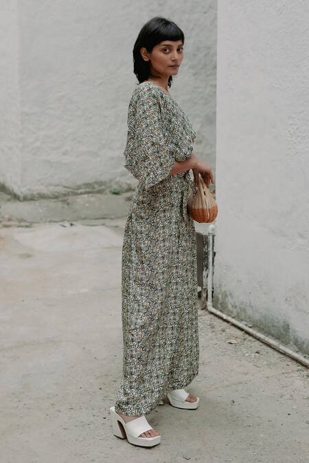 Shop_Forty Four_Multi Color Satin, Silk V-neck Number Print Top With Pant_Online_at_Aza_Fashions