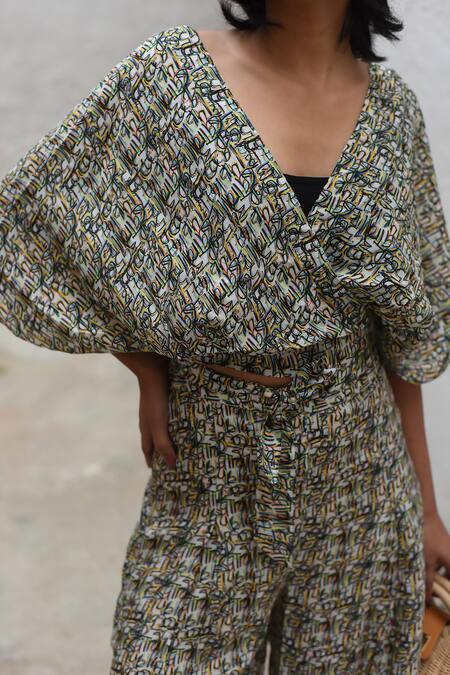 Forty Four_Multi Color Satin, Silk V-neck Number Print Top With Pant_at_Aza_Fashions