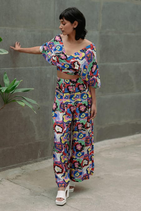 Shop_Forty Four_Multi Color Satin, Silk V-neck Abstract Print Top With Pant_at_Aza_Fashions