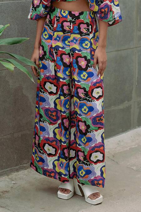 Forty Four_Multi Color Satin, Silk V-neck Abstract Print Top With Pant_Online_at_Aza_Fashions
