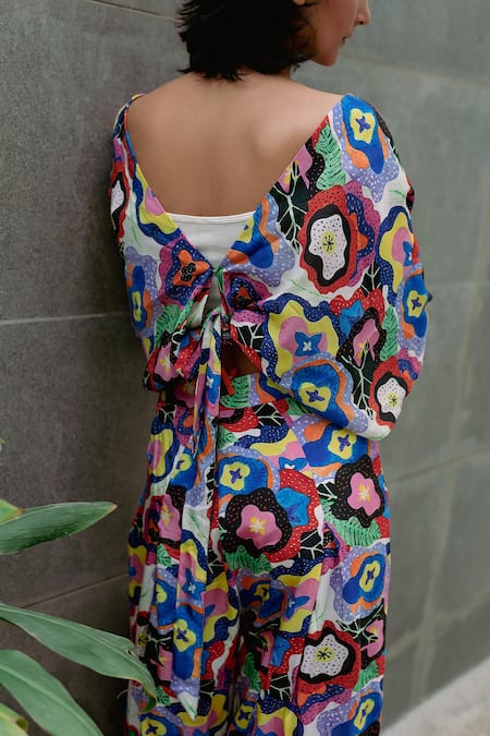 Buy_Forty Four_Multi Color Satin, Silk V-neck Abstract Print Top With Pant_Online_at_Aza_Fashions
