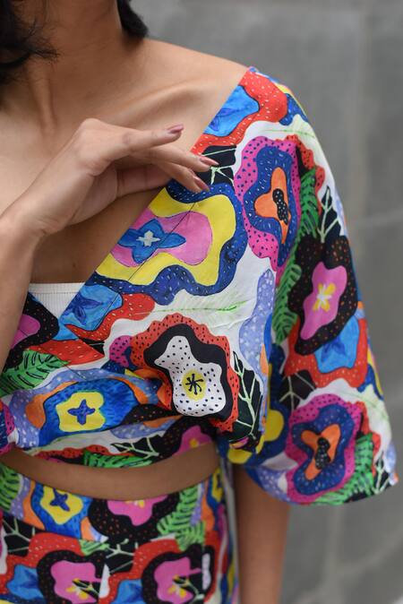 Shop_Forty Four_Multi Color Satin, Silk V-neck Abstract Print Top With Pant_Online_at_Aza_Fashions