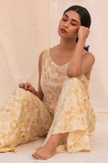 Buy_Forty Four_Multi Color Satin, Silk Cowl Neck Printed Jumpsuit_Online_at_Aza_Fashions