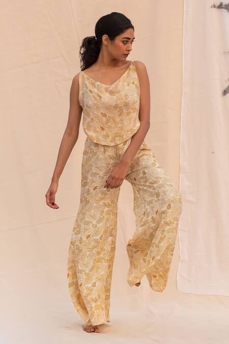 Shop_Forty Four_Multi Color Satin, Silk Cowl Neck Printed Jumpsuit_Online_at_Aza_Fashions