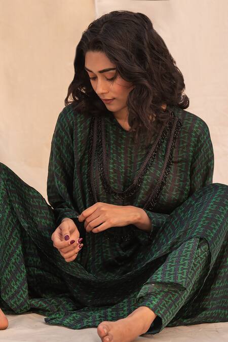 Shop_Forty Four_Multi Color Satin, Silk Cut Work, Embroidery Boat Geometric Print Top And Pant Set_Online_at_Aza_Fashions