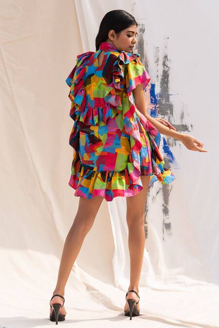 Shop Forty Four Multi Color Round Neck Silk Abstract Print Ruffle Dress at Aza Fashions Shop_Forty Four_Multi Color Round Neck Silk Abstract Print Ruffle Dress_at_Aza_Fashions