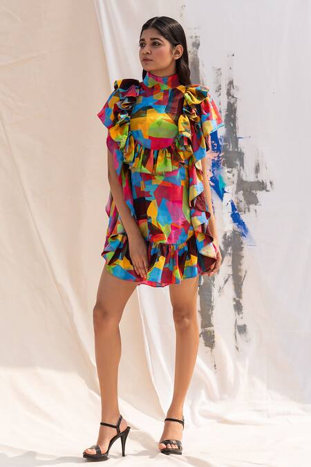 Forty Four Multi Color Round Neck Silk Abstract Print Ruffle Dress Online at Aza Fashions Forty Four_Multi Color Round Neck Silk Abstract Print Ruffle Dress_Online_at_Aza_Fashions