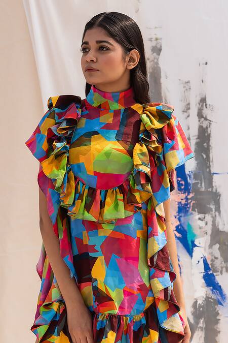 Buy Forty Four Multi Color Round Neck Silk Abstract Print Ruffle Dress Online at Aza Fashions Buy_Forty Four_Multi Color Round Neck Silk Abstract Print Ruffle Dress_Online_at_Aza_Fashions