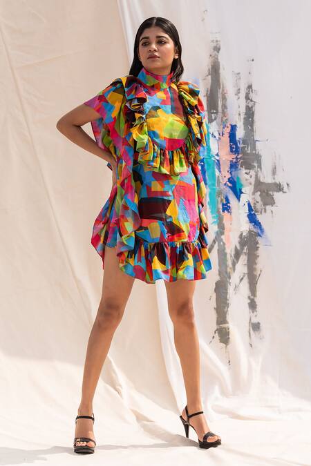Shop Forty Four Multi Color Round Neck Silk Abstract Print Ruffle Dress Online at Aza Fashions Shop_Forty Four_Multi Color Round Neck Silk Abstract Print Ruffle Dress_Online_at_Aza_Fashions