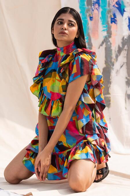 Forty Four Multi Color Round Neck Silk Abstract Print Ruffle Dress at Aza Fashions Forty Four_Multi Color Round Neck Silk Abstract Print Ruffle Dress_at_Aza_Fashions