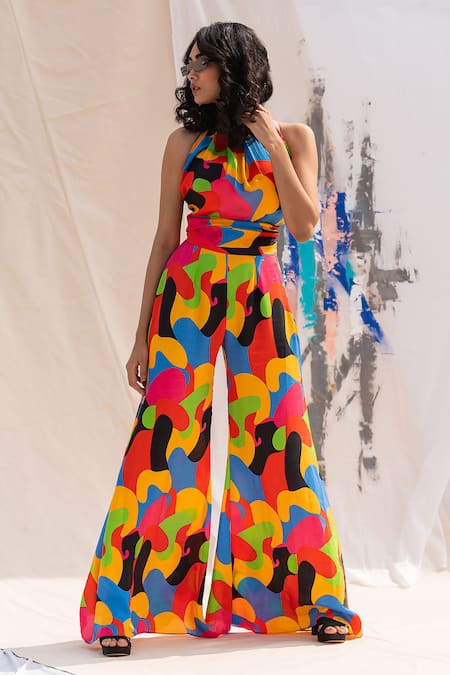 Forty Four Multi Color Satin Silk Printed Abstract Crop Top And Flared Pant Set 