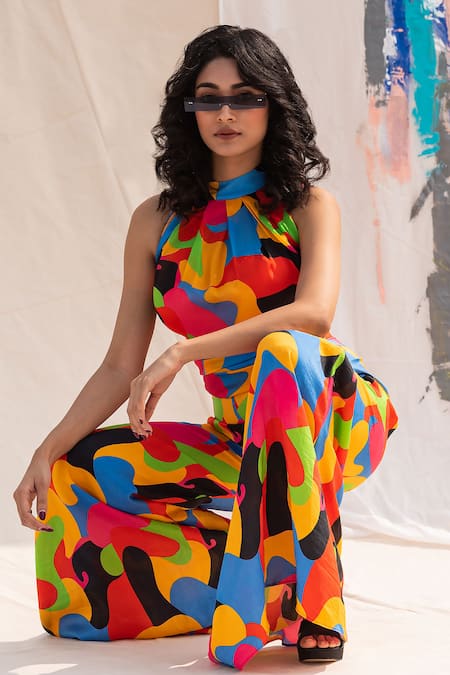 Shop Forty Four Multi Color Satin, Silk Round Neck Printed High Crop Top And Flared Pant Set at Aza Fashions Shop_Forty Four_Multi Color Satin, Silk Round Neck Printed High Crop Top And Flared Pant Set_at_Aza_Fashions