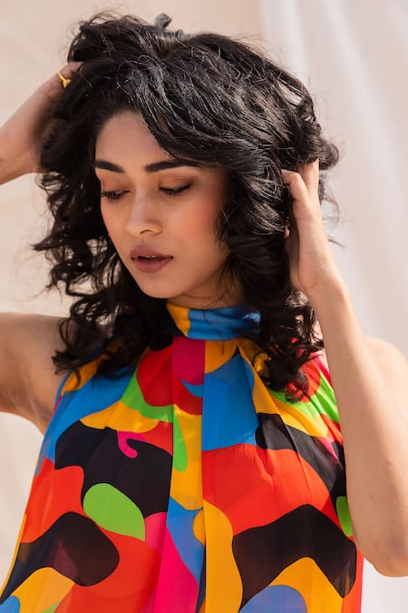 Forty Four Multi Color Satin, Silk Round Neck Printed High Crop Top And Flared Pant Set Online at Aza Fashions Forty Four_Multi Color Satin, Silk Round Neck Printed High Crop Top And Flared Pant Set_Online_at_Aza_Fashions