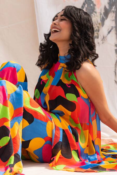 Buy Forty Four Multi Color Satin, Silk Round Neck Printed High Crop Top And Flared Pant Set Online at Aza Fashions Buy_Forty Four_Multi Color Satin, Silk Round Neck Printed High Crop Top And Flared Pant Set_Online_at_Aza_Fashions