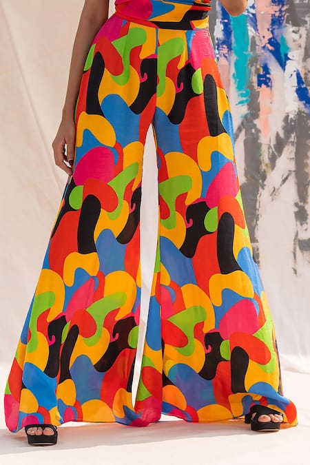 Shop Forty Four Multi Color Satin, Silk Round Neck Printed High Crop Top And Flared Pant Set Online at Aza Fashions Shop_Forty Four_Multi Color Satin, Silk Round Neck Printed High Crop Top And Flared Pant Set_Online_at_Aza_Fashions