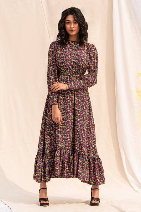 Shop_Forty Four_Multi Color Silk Embroidery High Neck Floral Print Dress_at_Aza_Fashions
