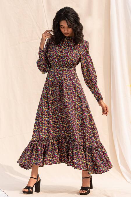 Forty Four_Multi Color Silk Embroidery High Neck Floral Print Dress_Online_at_Aza_Fashions