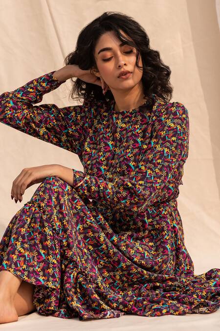 Buy_Forty Four_Multi Color Silk Embroidery High Neck Floral Print Dress_Online_at_Aza_Fashions