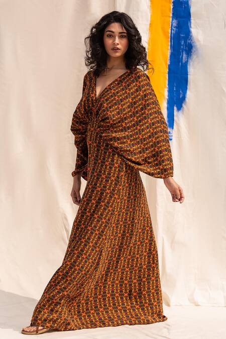 Shop Forty Four Multi Color Silk Plunge Neck Geometric Print Kaftan Dress at Aza Fashions Shop_Forty Four_Multi Color Silk Plunge Neck Geometric Print Kaftan Dress_at_Aza_Fashions