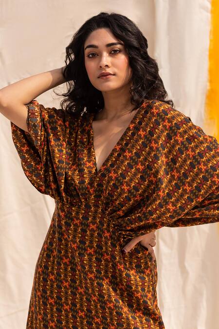 Forty Four Multi Color Silk Plunge Neck Geometric Print Kaftan Dress Online at Aza Fashions Forty Four_Multi Color Silk Plunge Neck Geometric Print Kaftan Dress_Online_at_Aza_Fashions