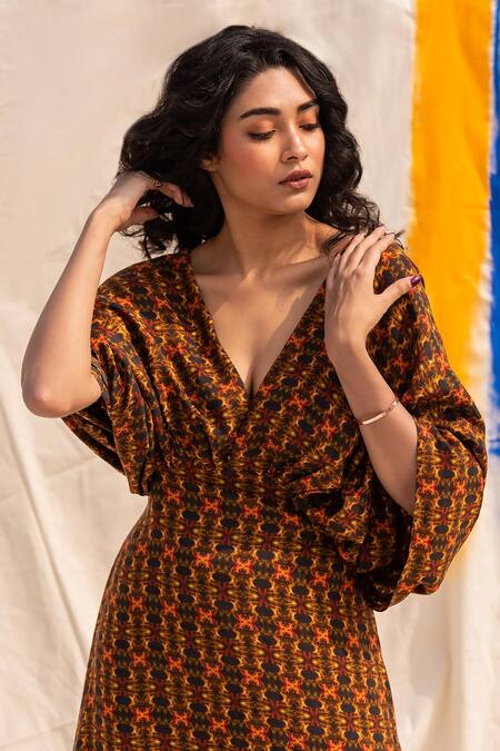 Buy Forty Four Multi Color Silk Plunge Neck Geometric Print Kaftan Dress Online at Aza Fashions Buy_Forty Four_Multi Color Silk Plunge Neck Geometric Print Kaftan Dress_Online_at_Aza_Fashions