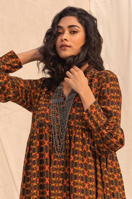 Buy_Forty Four_Multi Color Silk Collared Geometric Print Dress_Online_at_Aza_Fashions