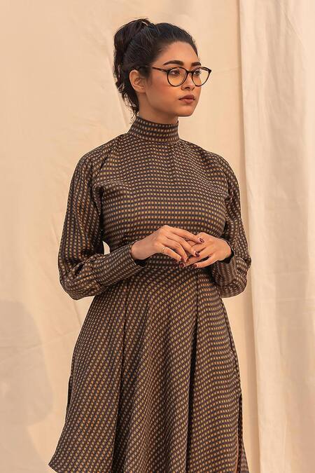Forty Four_Multi Color Silk Round Neck Checkered Print Dress_Online_at_Aza_Fashions