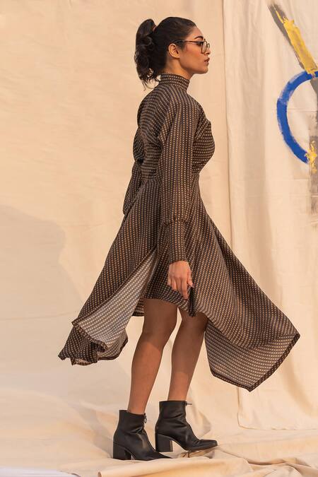 Buy_Forty Four_Multi Color Silk Round Neck Checkered Print Dress_Online_at_Aza_Fashions